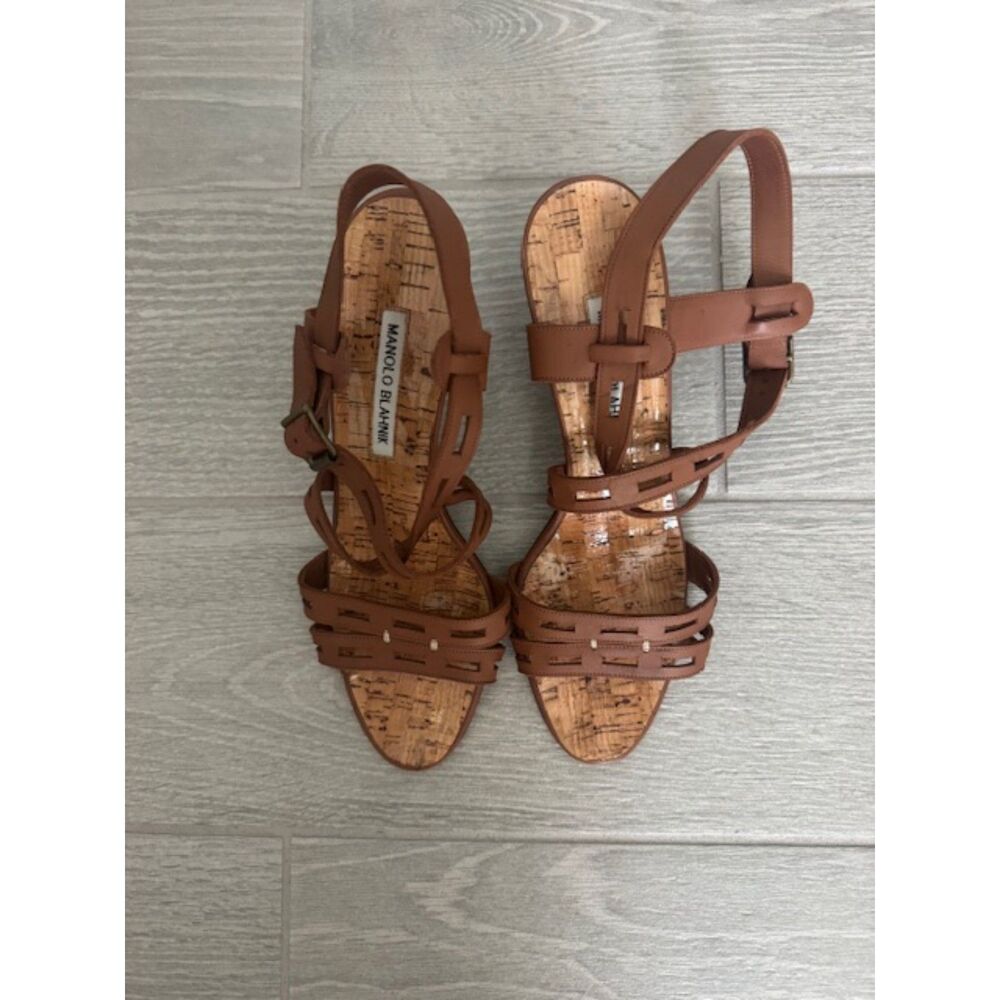 Manolo Blahnik Strappy Tan Leather Sandals, Size 39, Made in Italy.
